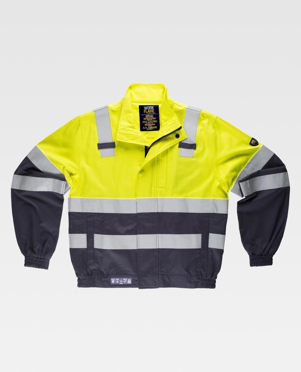 Chaleco reflectante de seguridad de color amarillo neón y gris oscuro con rayas plateadas sobre un fondo liso.