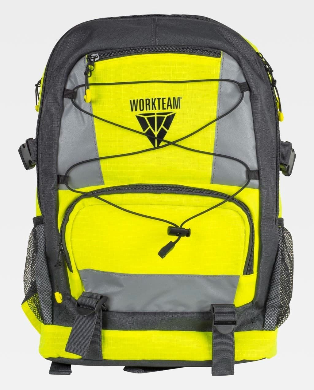 Mochila WorkTrek negra y amarillo brillante con bolsillos delanteros con cremallera y bolsillos laterales de malla.