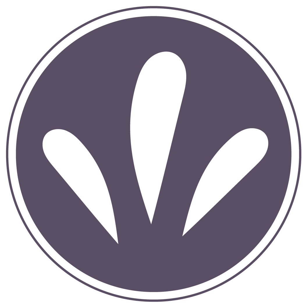 The Fountain Place icon. White stylized floral design on a purple circle, outlined in white.