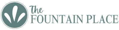 Logo for The Fountain Place, featuring a teal circle with white abstract leaves, and text in teal.