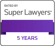 Super Lawyers rating badge with purple ribbon and “5 Years” text