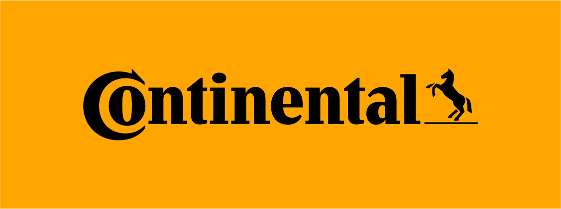 Logotipo da Continental: Texto preto com o contorno de um cavalo sobre um fundo laranja.