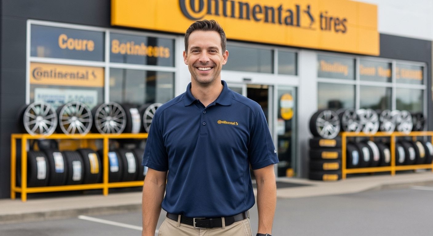 Homem sorrindo em frente a uma loja da Continental Tires, vestindo uma camisa azul. Pneus e rodas em exposição.