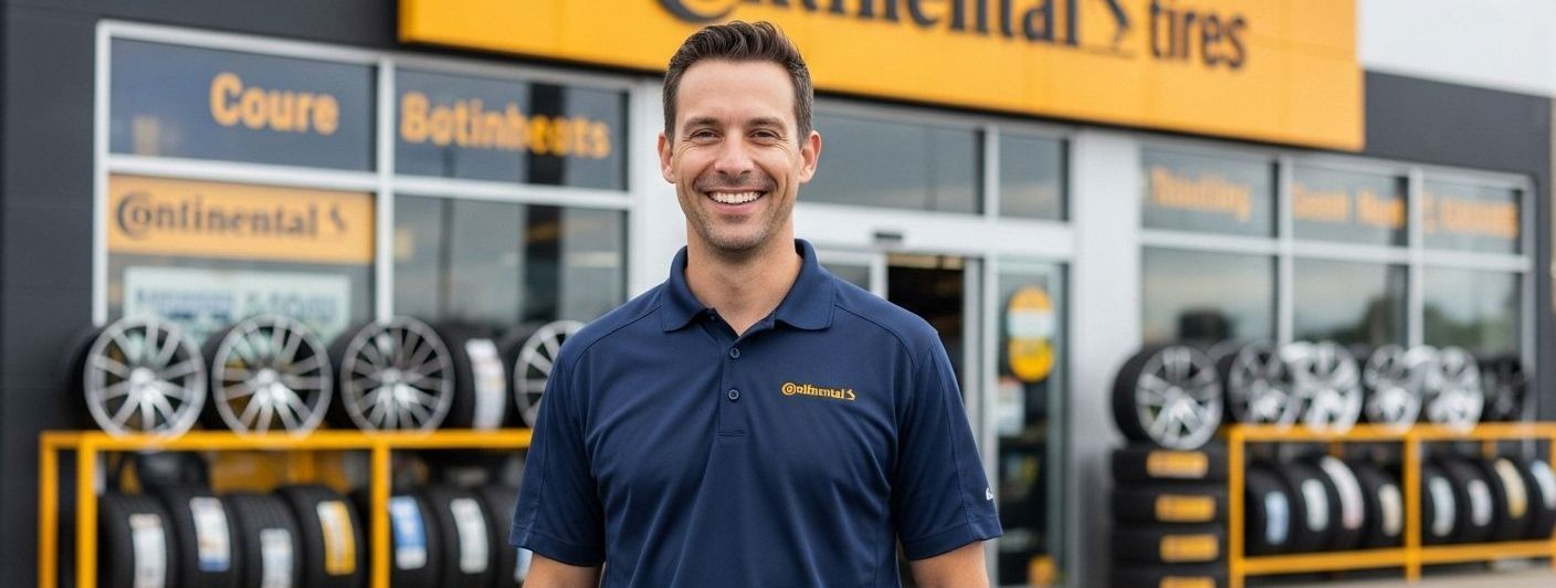 Homem sorrindo em frente à loja da Continental Tires, onde há pneus em exposição.