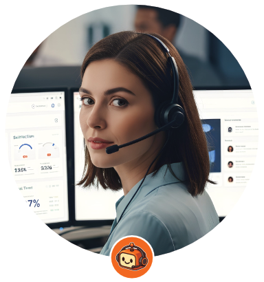 Woman with headset at computer monitors, looking toward camera.