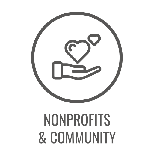 Hand holding two hearts, circle icon, text: Nonprofits & Community.