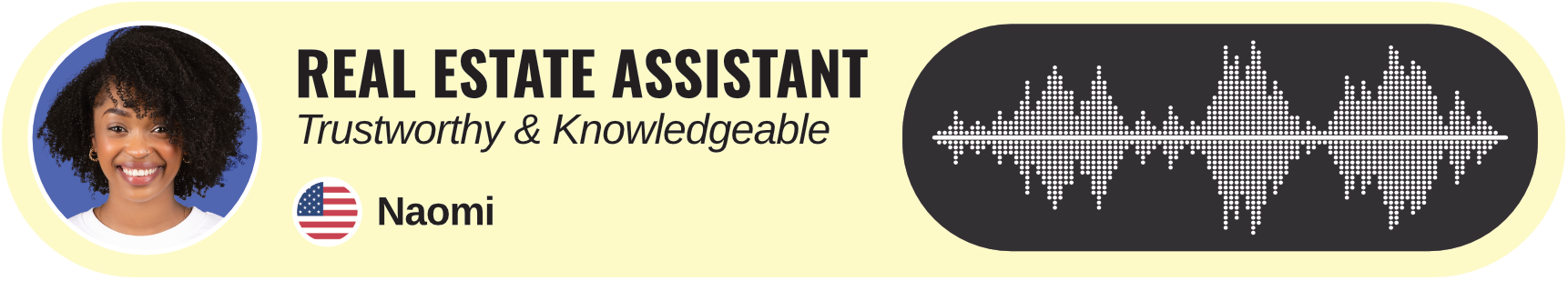 Smiling woman, "Real Estate Assistant" with US flag, and sound wave graphic.