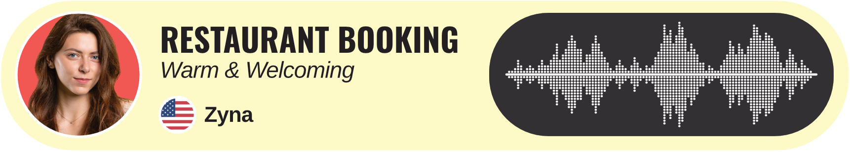Restaurant booking service, woman's portrait, a soundwave, and an American flag icon.