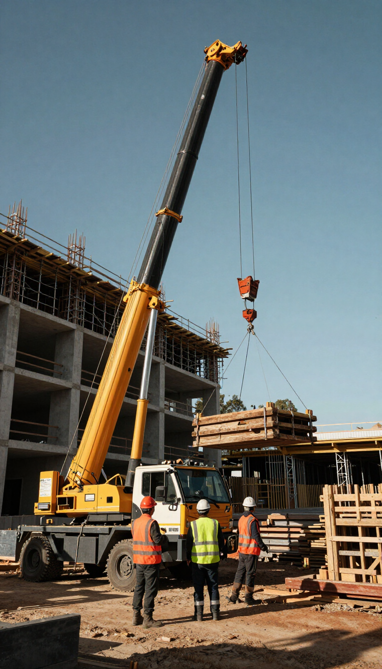 Mobile crane on active NSW building site mid-lift