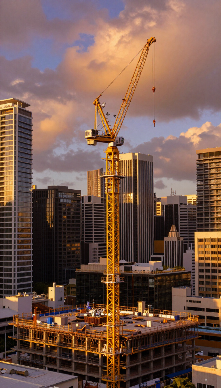 Tower crane above Sydney CBD at golden hour