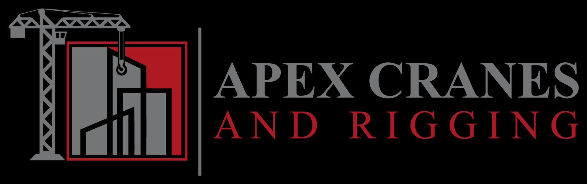 Apex Cranes and Rigging logo with red and gray crane graphic on a black background