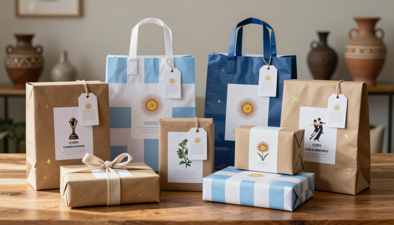 Bolsas de regalo variadas y regalos envueltos en azul, blanco y marrón sobre una mesa de madera.