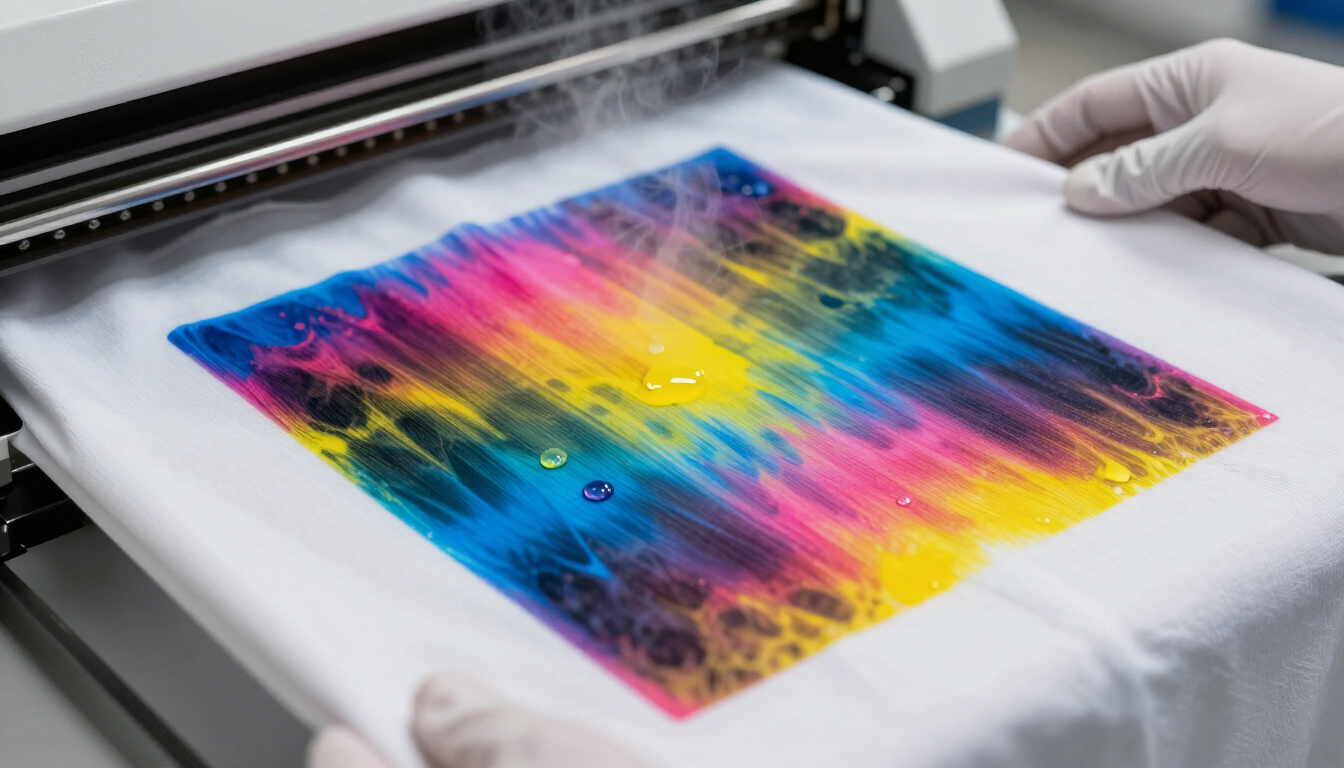 Manos sosteniendo una colorida lámina de tela teñida con la técnica tie-dye cerca de una impresora