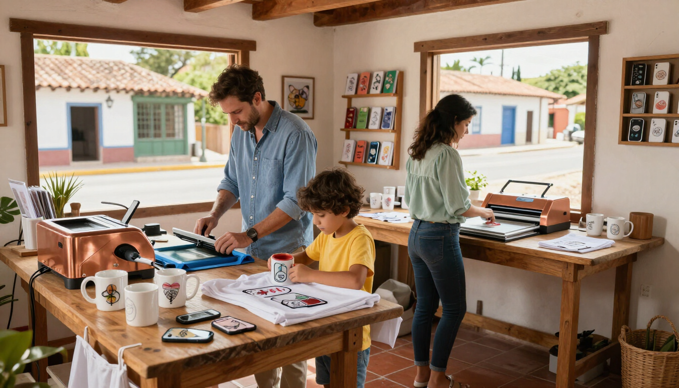 Tres personas trabajando en una mesa de manualidades luminosa en un estudio soleado con estantes de madera y materiales.