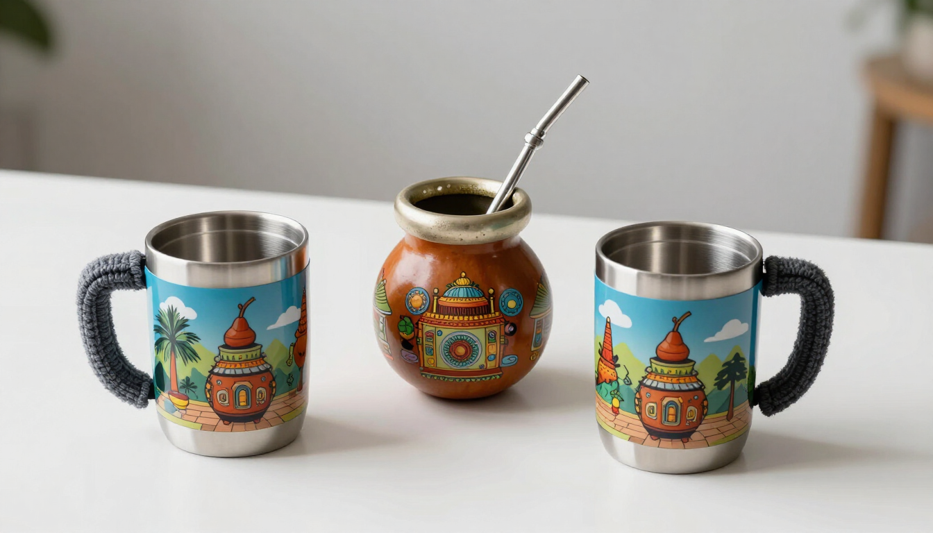 Dos coloridas tazas de recuerdo flanquean una calabaza mate decorada con una pajita de metal sobre una mesa blanca.