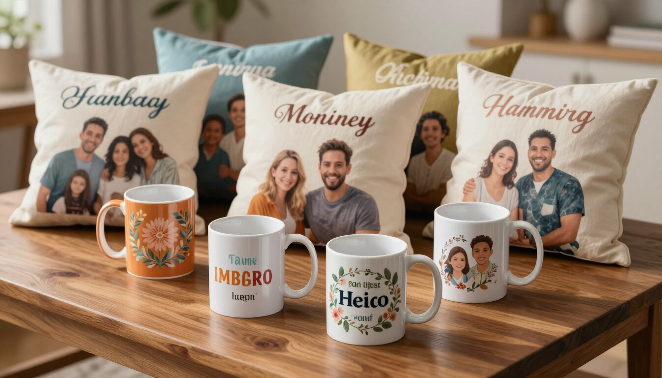 Tazas y cojines personalizados con fotos familiares sobre una mesa de madera en una habitación acogedora.