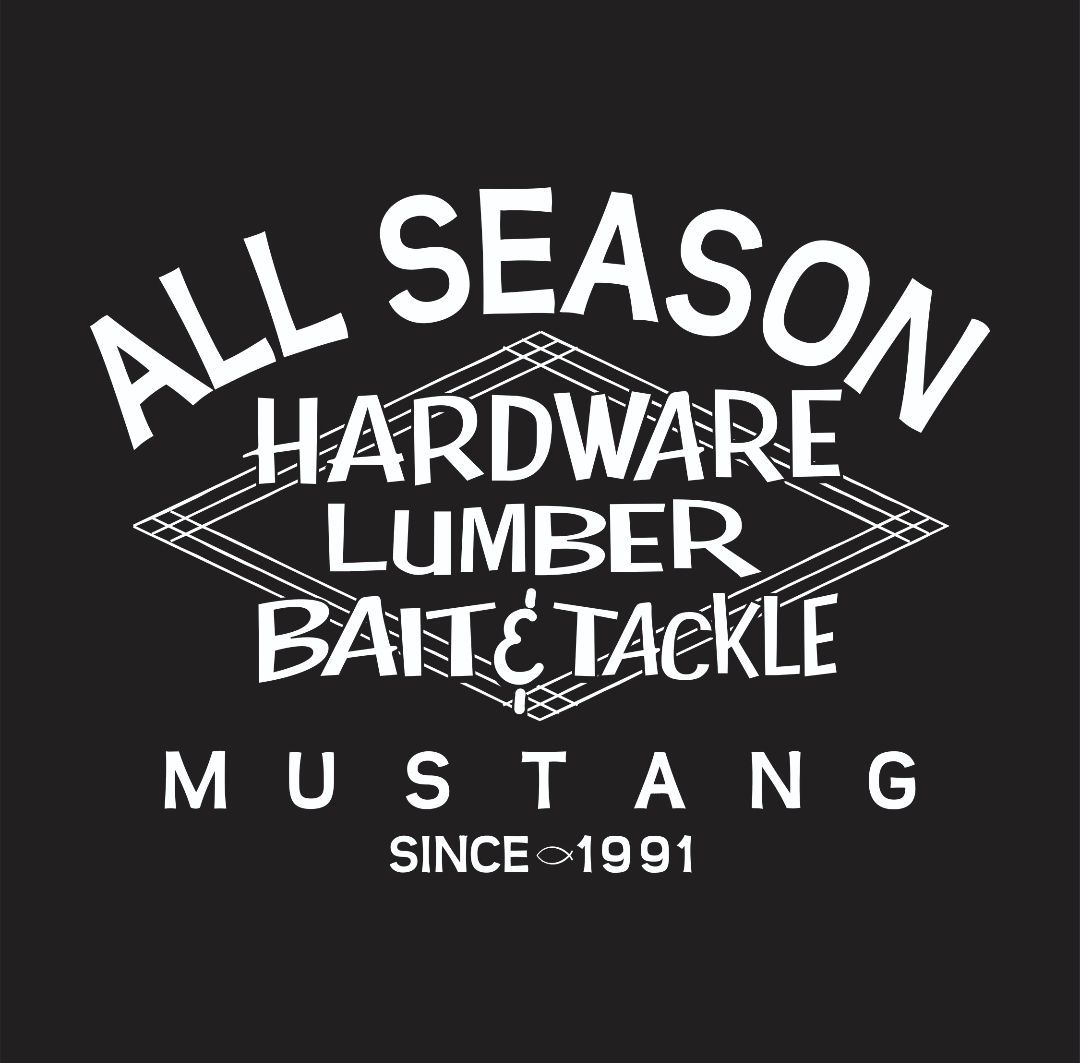 Black logo for All Season Hardware, Lumber, Bait & Tackle, in Mustang, since 1991.