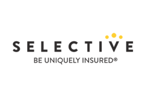 Selective insurance logo with black text and yellow dots, tagline “Be uniquely insured”