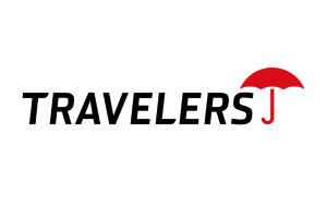 TRAVELERS logo in black with a red umbrella icon above the J