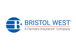 Bristol West logo with blue icon and text, “A Farmers Insurance Company”