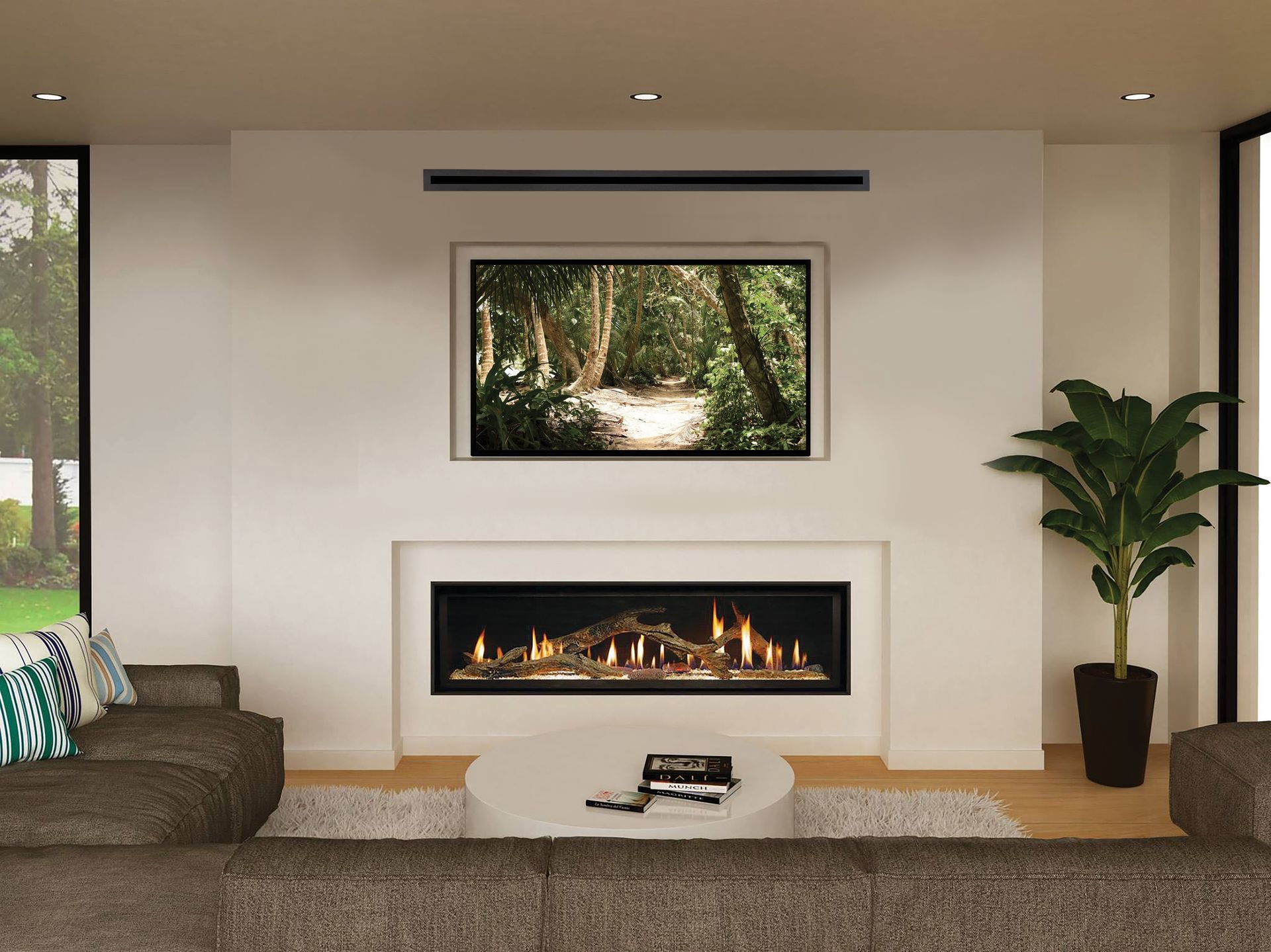 A modern living room features a linear fireplace centered below a flat-screen television on a white wall.