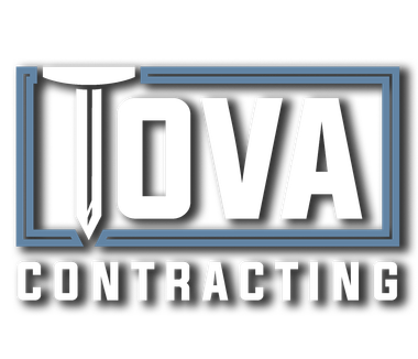 Logo for OVA Contracting, featuring the letters OVA within a blue frame, with a stylized nail and the word