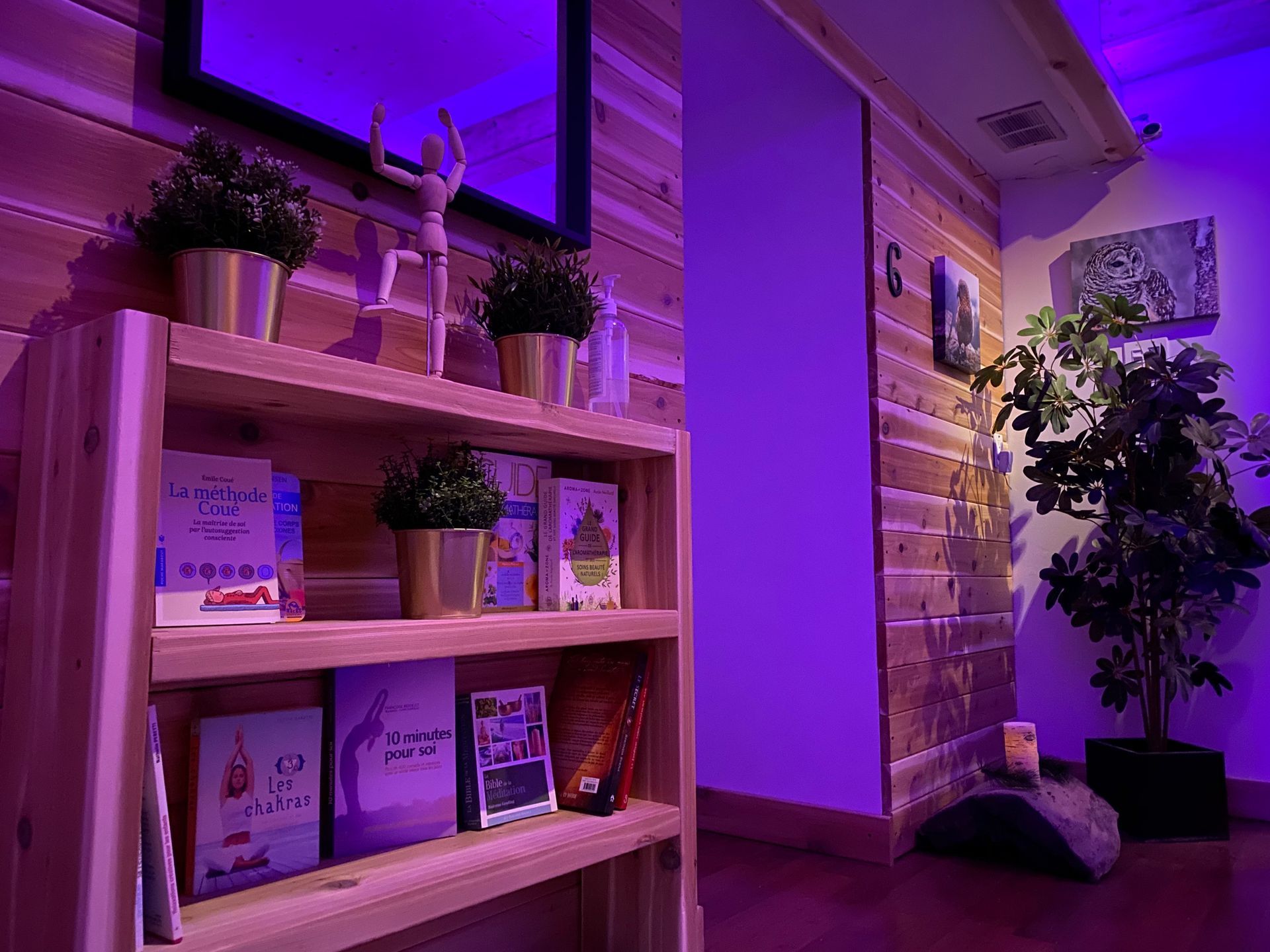 Bibliothèque du Spa Centrale Parc avec une sélection de livres inspirés du bien-être et du développement personnel.