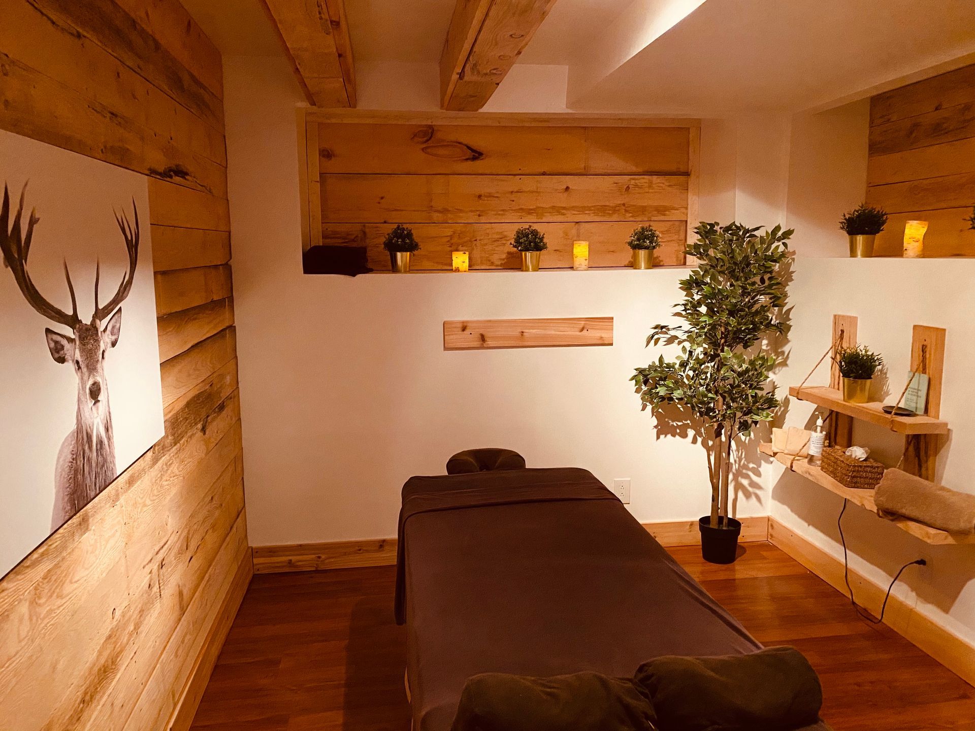 Salle de soins individuelle du Spa Centrale Parc avec une table de traitement dans un décor inspiré de la nature.