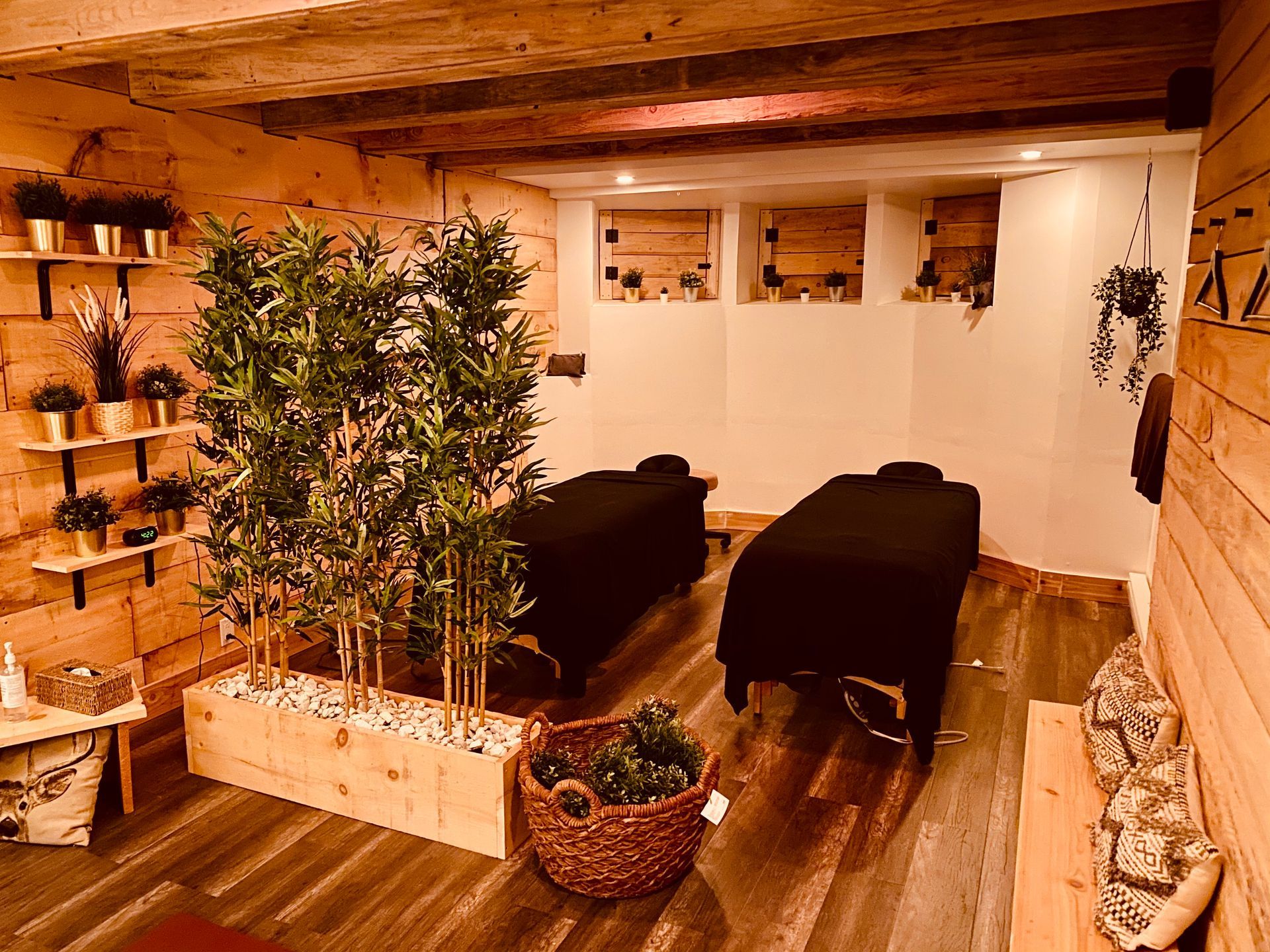 Espace de soins du Spa Centrale Parc aménagé avec deux tables de traitement et une séparation végétale favorisant l'intimité.
