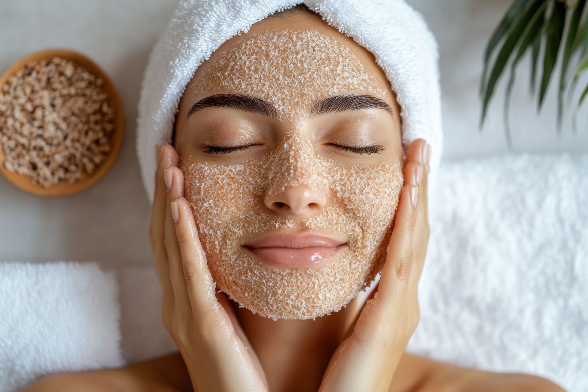 A person with eyes closed and a scrub-like treatment on their face, hands gently touching their cheeks.