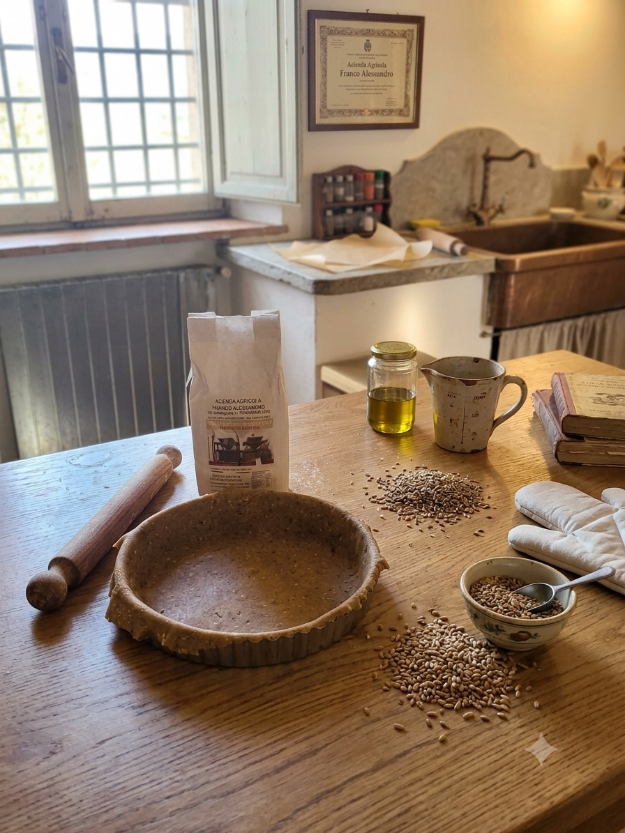 Bottiglia su un tavolo di legno accanto a un mattarello, con uno sfondo sfocato di una cucina.