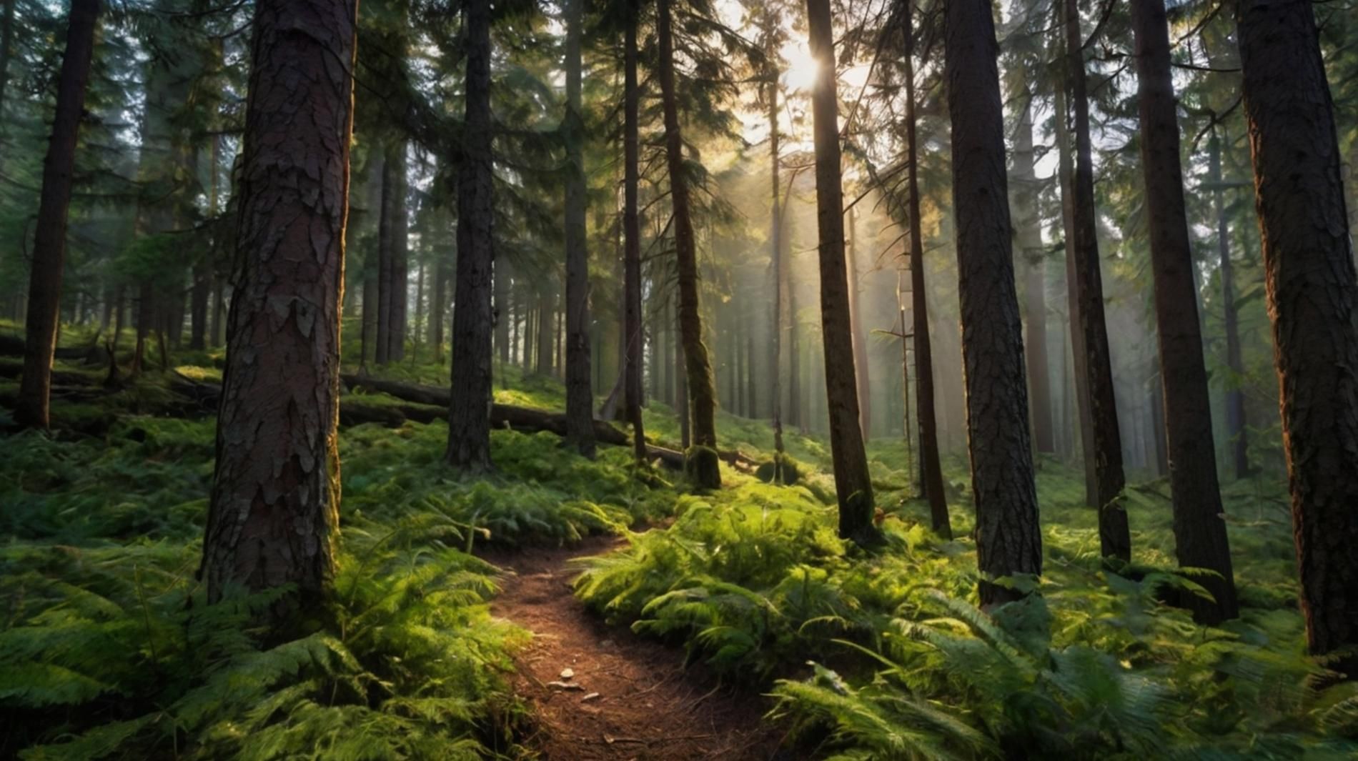 A winding dirt path leads through a lush, fern-covered forest with sunlight filtering through tall, towering trees.