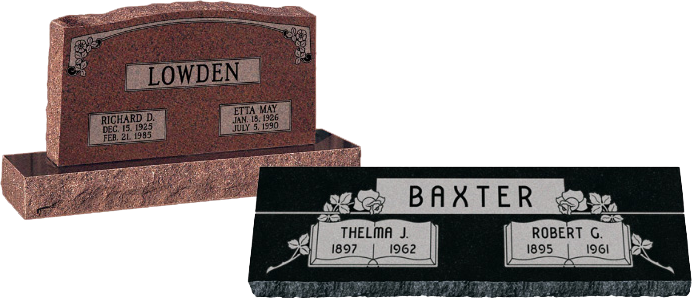 Two cemetery headstones: one brown for Lowden, one black for Baxter, both with engraved names and dates