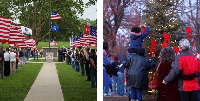 Crowd at a flag-lined memorial path, with U.S. flags and people gathered on both sides.