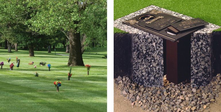 Split image: park with people on green lawn, and a small stone shelter with a dark roof.