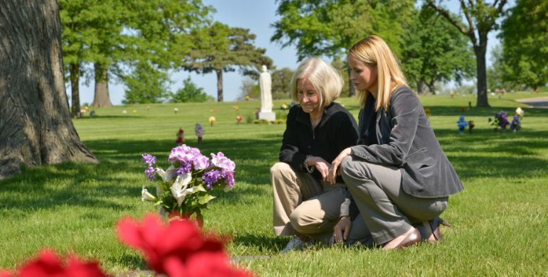 Two people sitting on grass in a sunny park beside purple flowers and a large tree.