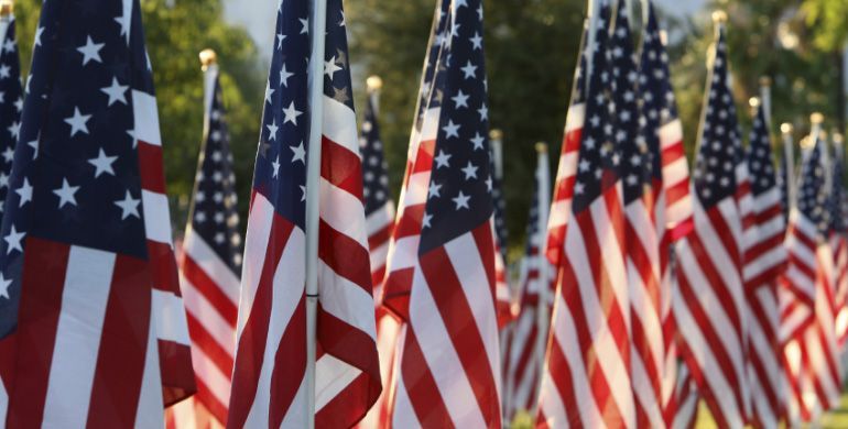 Rows of American flags waving outdoors in a patriotic display