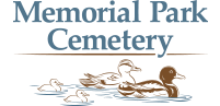 Memorial Park Cemetery logo with blue text and ducks floating on water