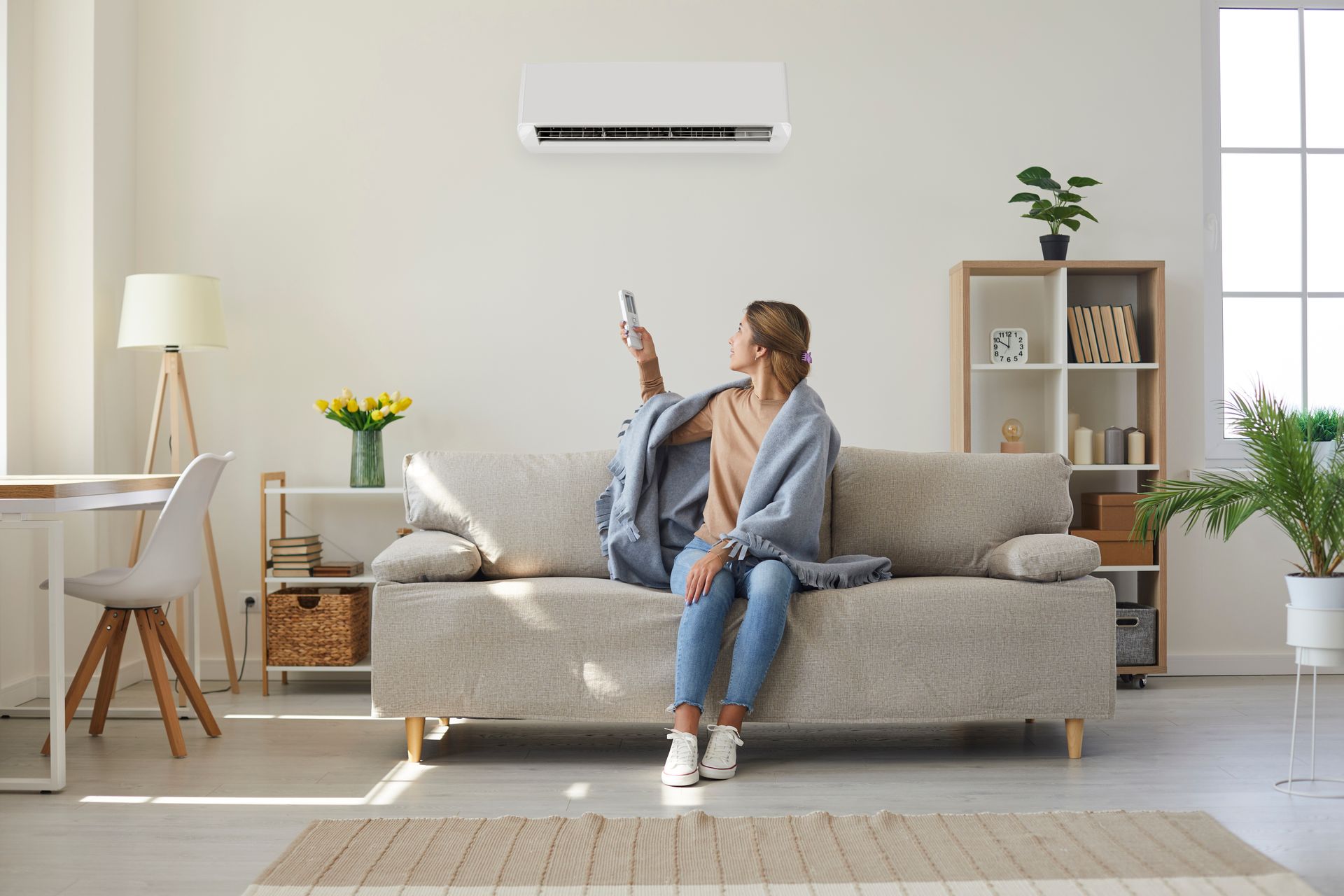 Woman adjusts air conditioner with remote in a bright living room.