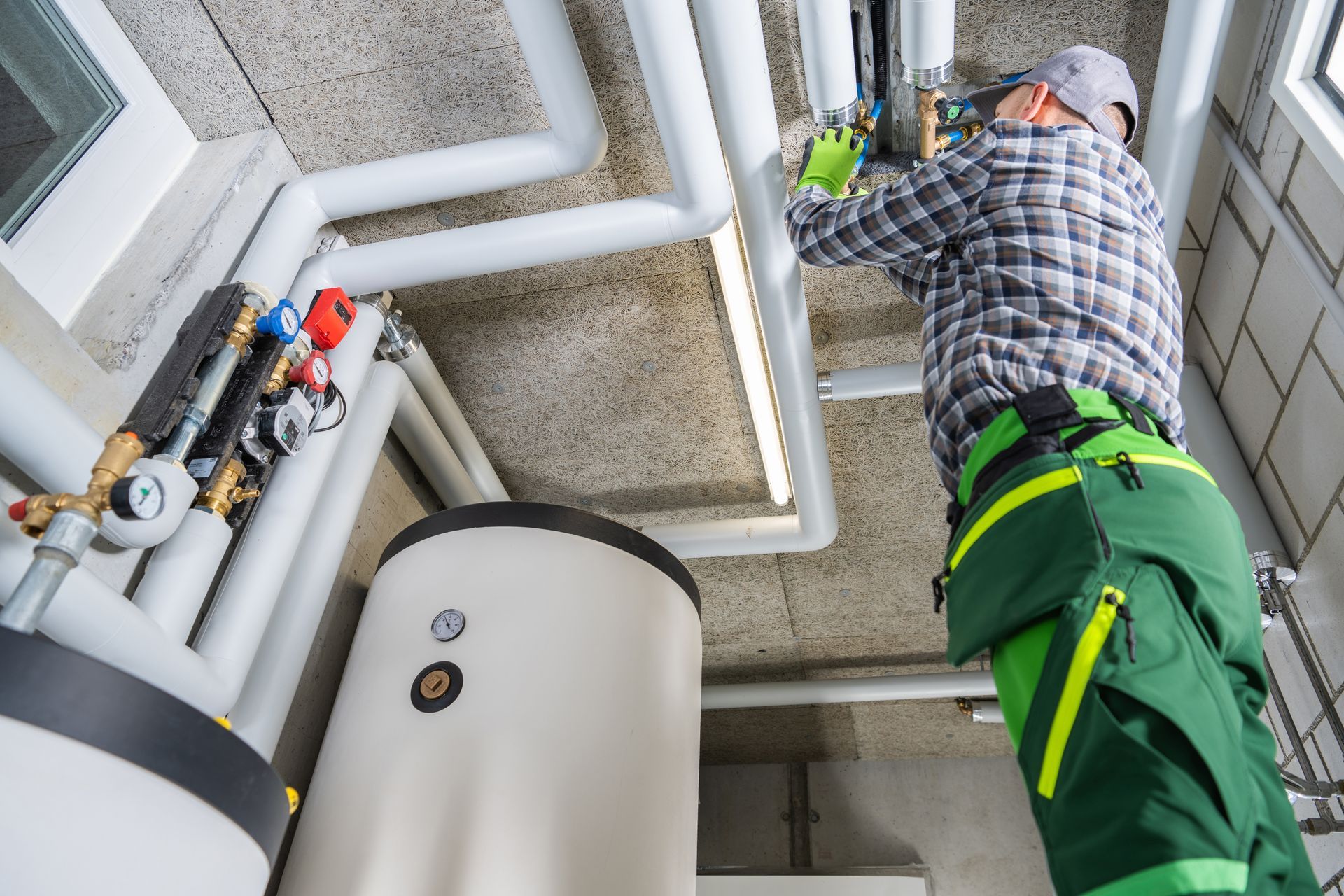 Plumber in green overalls and plaid shirt working on pipes in a utility room.