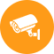 Orange circle with a white security camera icon and diagonal line, indicating CCTV surveillance or no cameras.