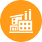 Orange icon of a factory and city skyline with a small bar chart in the corner