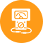 Orange icon of a person using a computer at a desk, with a circular arrow above the screen.