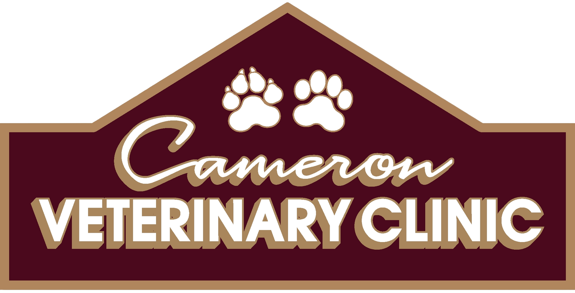 Cameron Veterinary Clinic logo in brown and gold with paw prints.