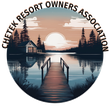 Logo for Chetek Resort Owners Association: sunset over lake with dock and cabin.