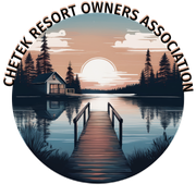 A lake scene with a wooden dock at sunset, cabin, pine trees, and text 