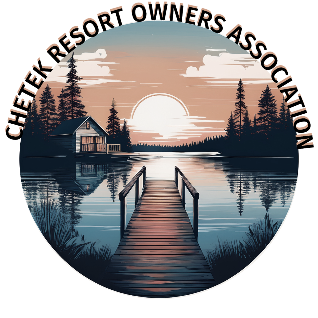 Logo for Chetek Resort Owners Association: sunset over lake with dock and cabin.