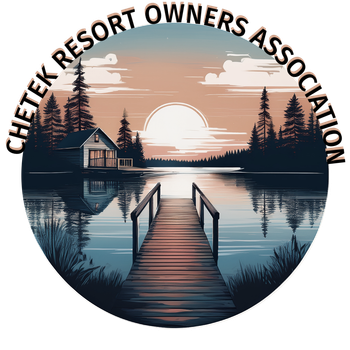 Logo for Chetek Resort Owners Association: sunset over lake with dock and cabin.