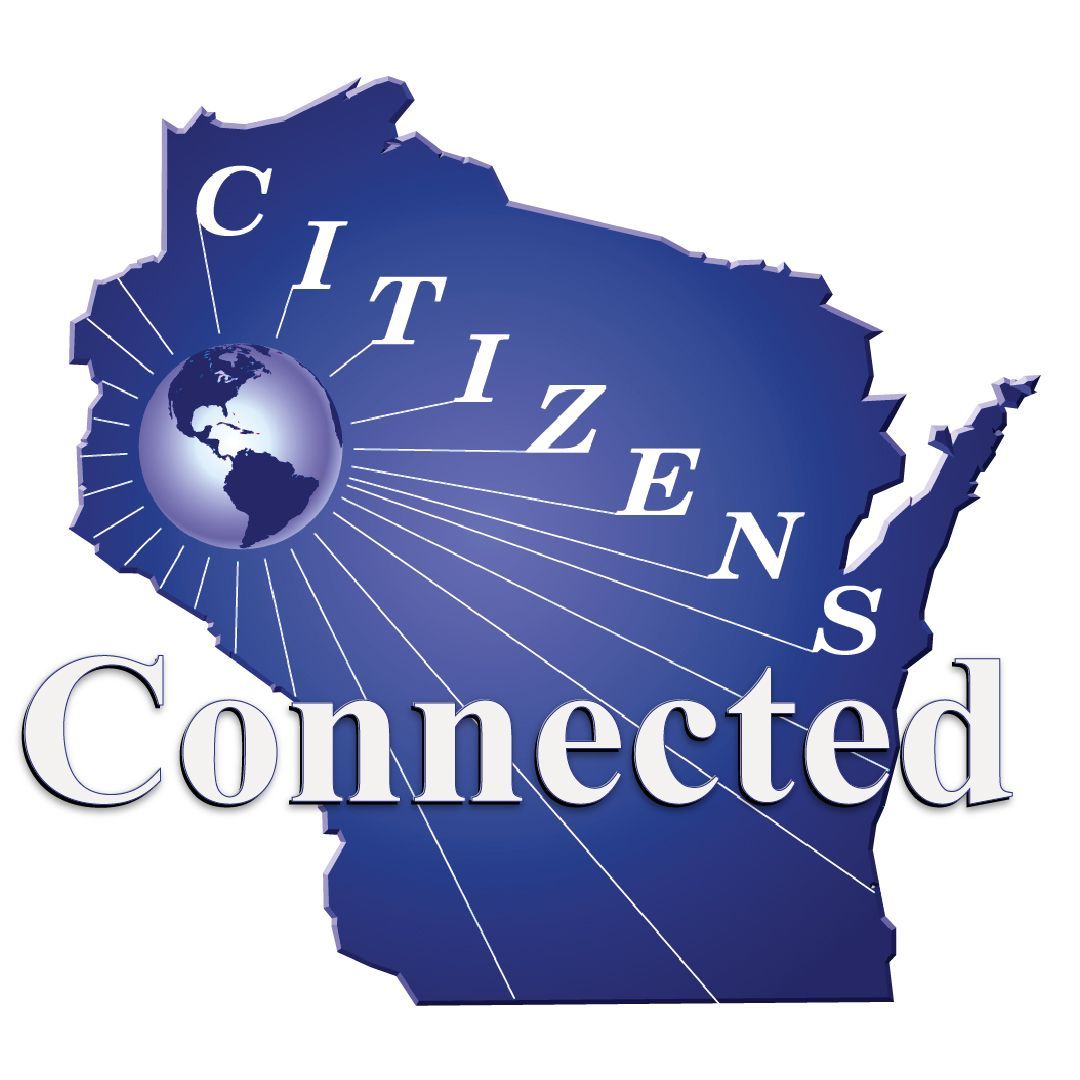 Logo for Citizens Connected: Wisconsin outline, globe, radiating lines, text