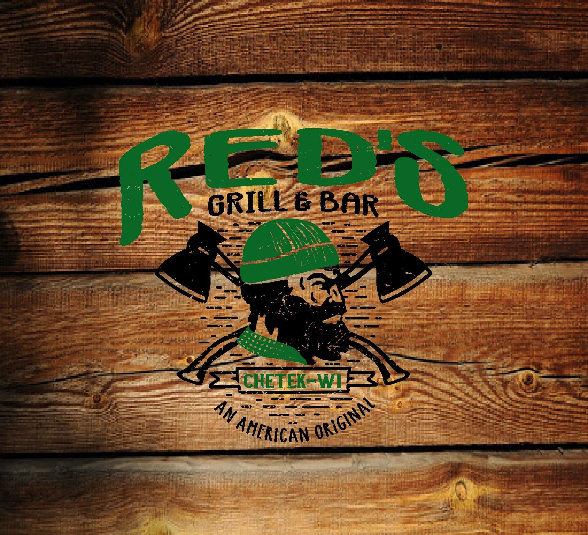 Red's Grill & Bar logo with a lumberjack illustration and axes on a woodgrain background.